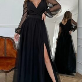 Kadın Uzun Kollu Kruvaze Yakalı Belden Kuşaklı Tüllü Uzun Ithal Krep Elbise