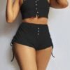 Kadın Ip Askılı Crop Bluz Ve Yanlardan Büzgülü Ikili Kaşkorse Short Takım