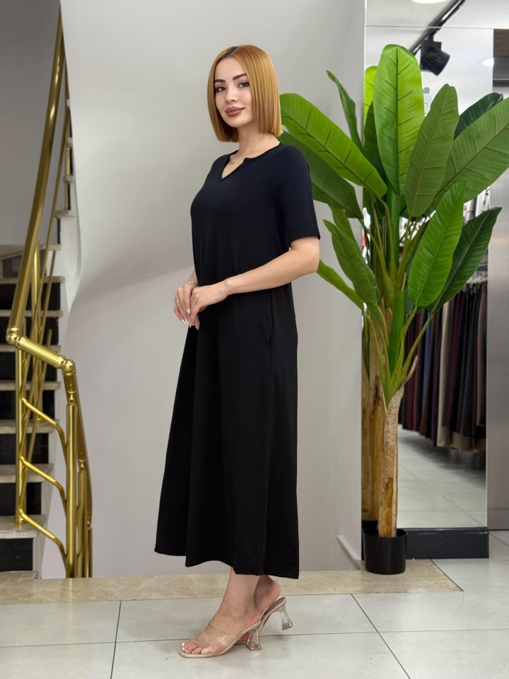 Kadın Kısa Kollu V Yakalı Cep Detaylı Uzun Janjan Krep Elbise - Görsel 2