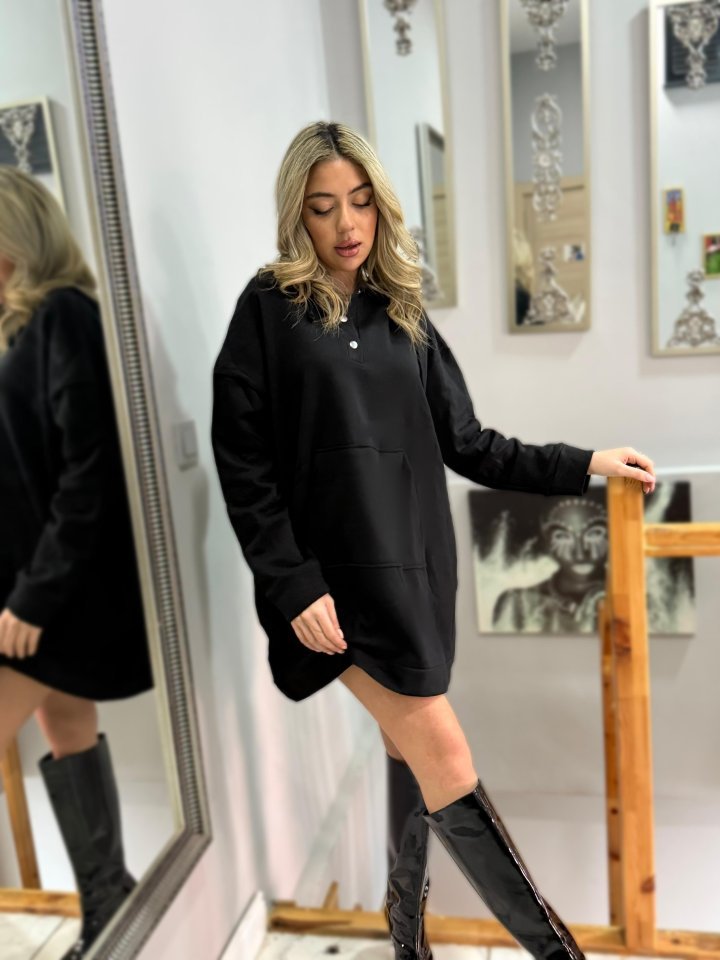 Kadın Uzun Kollu Kapşonlu Bağcıklı önden Düğmeli Ve Cepli Iki Iplik şardonlu Elbise - Görsel 4