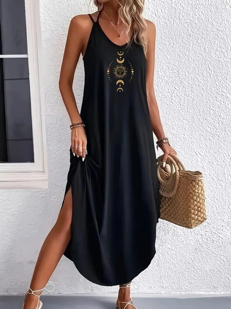 Kadın Askılı V Yakalı Desenli Uzun Viskon Elbise - Görsel 4