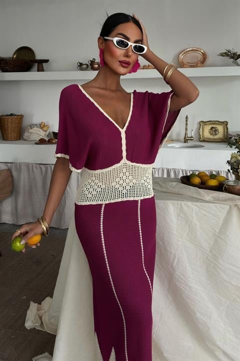 Dantel Desenli V Yaka Triko Elbise 2844 - Görsel 2