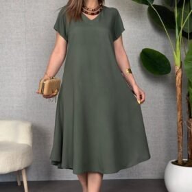 Kadın Kısa Kollu V Yaka Salaş Maxi Boy Elbise