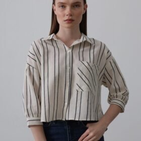 Çizgili Kısa Gömlek - Bej-Lacivert