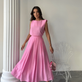 KETEN KOLSUZ BLUZ - MAXİ ETEK TAKIM - Pembe