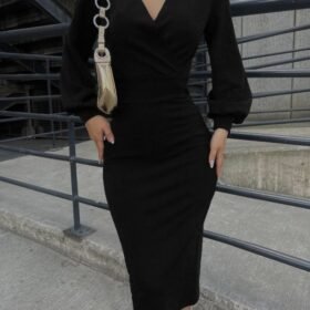 Kadın Uzun Kollu Kruvaze Yaka Büzgü Ve Balon Kol Detay Krep Kumaş Maxi Boy Simli Elbise