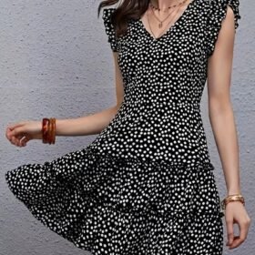 Kadın Kısa Kollu V Yakalı Desenli Fırfırlı Süprem Elbise