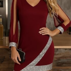 Kadın Uzun Kollu V Yakalı Pulpayetli Ithal Krep Elbise