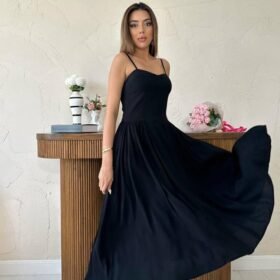 Siyah Göğüs Kuplu Uzun Büzgülü Elbise