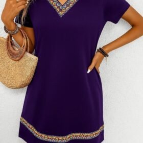 Kadın Kısa Kollu V Yakalı Etnik Desen şerit Detaylı Viskon Elbise