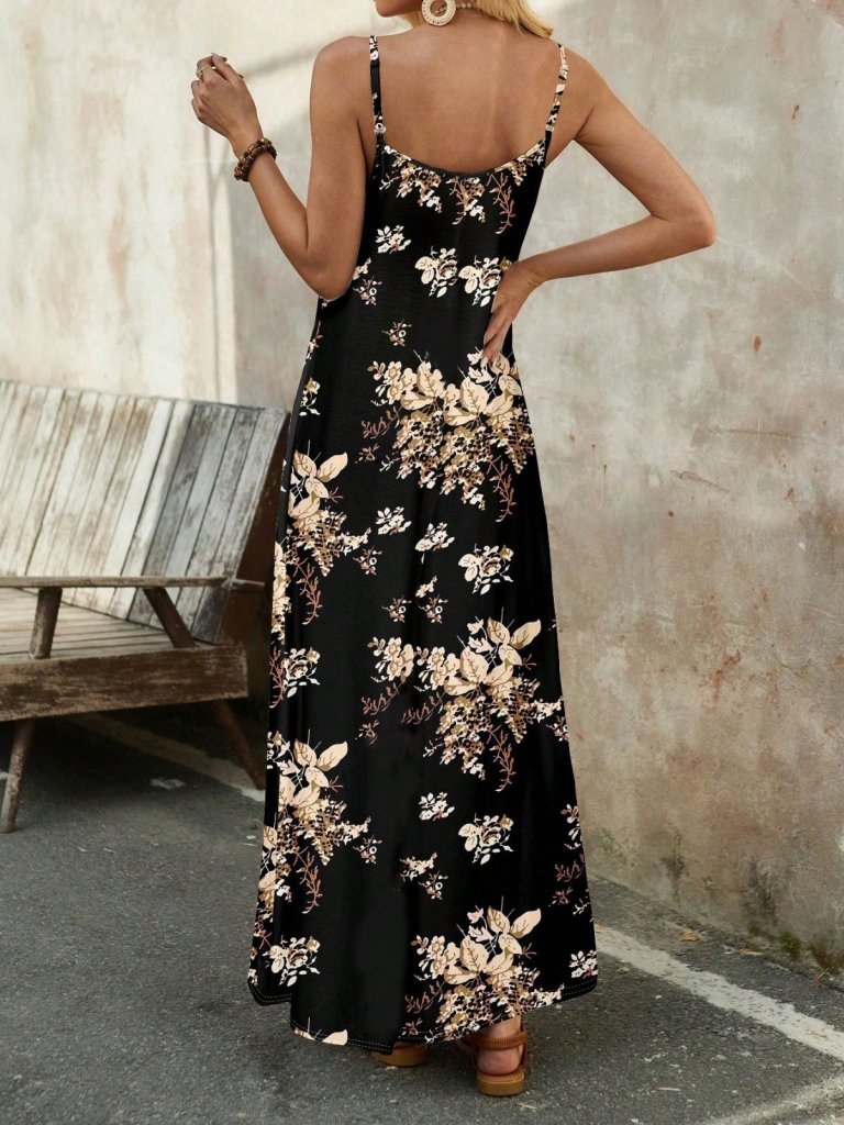 Kadın Ip Askılı V Yakalı çiçek Desenli Süprem Elbise - Görsel 2