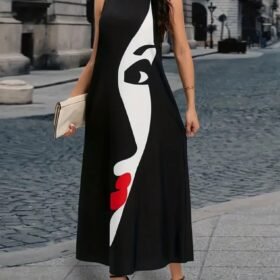 Kadın Sıfır Kol V Yakalı Kadın Yüz Desenli Süprem Elbise