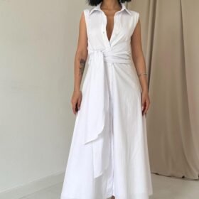 Beyaz Gömlek Yaka Bağlamalı Elbise