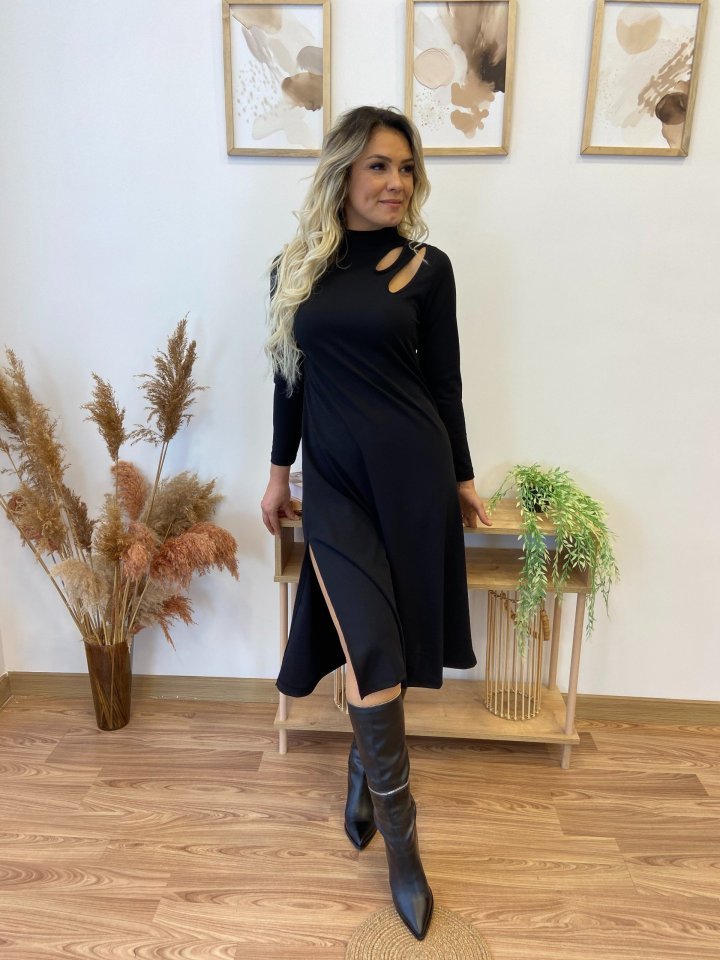 Kadın Uzun Kollu Balıkçı Yaka Omuzda Damla Detaylı Yırtmaçlı Krep Midi Elbise - Görsel 4