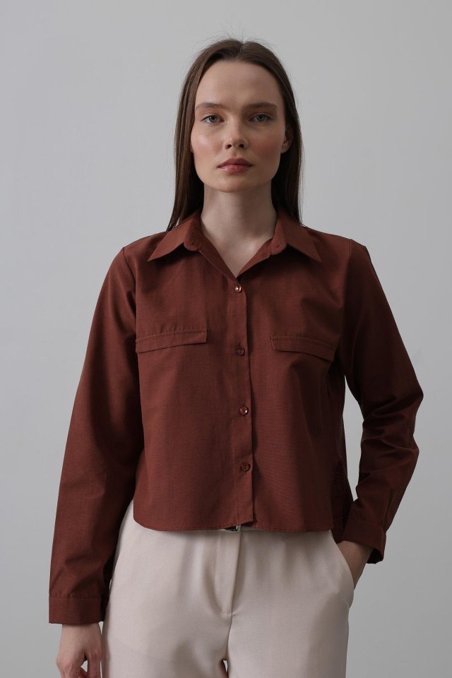 Cepli Uzun Kol Gömlek - Koyu Kahve - Görsel 2