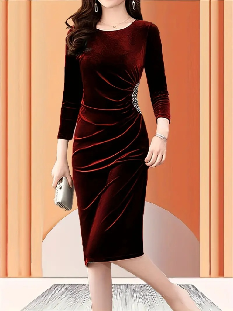 Kadın Uzun Kollu Bot Yaka Yanı Taş Detaylı Midi Kadife Elbise - Görsel 4