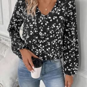 Kadın Uzun Kollu V Yakalı çiçek Desenli Modal Bluz