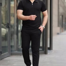 Erkek Kısa Kollu önden Fermuarlı Janjan Krep Tişört Ve Pantolon Ikili Takım