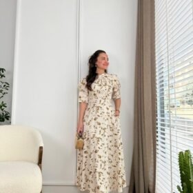 Ekru Yakası Bağlama Detaylı Elbise