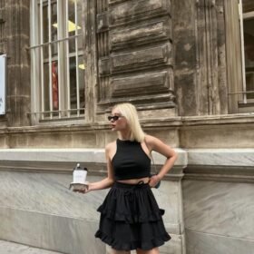 BEL LASTİKLİ KAT FIRFIR DETAYLI KISA ETEK - Siyah