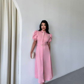 YAKA DÜĞME DETAYLI ELBİSE- Pembe