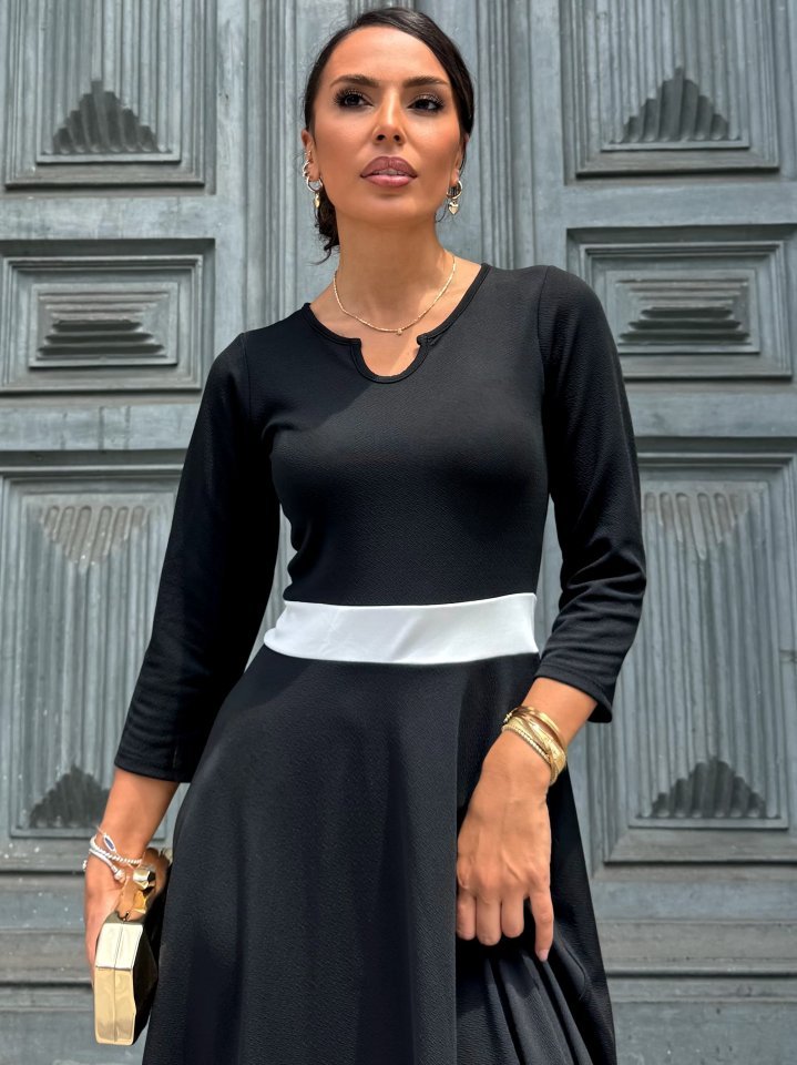 Kadın Truvakarkol Yakası Açık Blok Renkli Krep Midi Elbise - Görsel 2