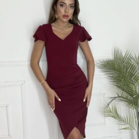 QKadın Kısa Kollu Kalp Yaka Yanlardan Büzgü Detay Midi Janjan Krep Elbise