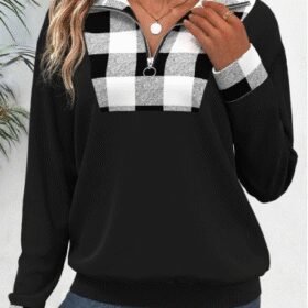 Kadın Uzun Kollu Yakalı önden Fermuarlı Ekose Detaylı Viskon Iki Iplik Bluz