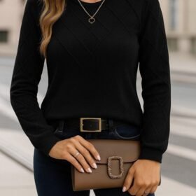 Kadın Uzun Kollu Bisiklet Yaka Geometrik Desenli Triko Bluz