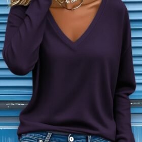 Kadın Uzun Kollu V Yakalı Viskon Iki Iplik Mürdüm Renk Bluz