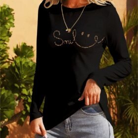 Kadın Uzun Kollu Bisiklet Yaka Gülümseyen Surat Desenli Viskon Bluz