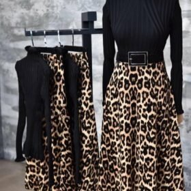 Kadın Beli Lastikli Leopar Desenli Krep Kumaş Efsane Etek Kemersiz