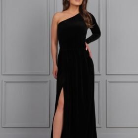 Kadın Uzun Kollu Yırtmaçlı önü Pile Detay Tek Kol Maxi Boy Kadife Elbise