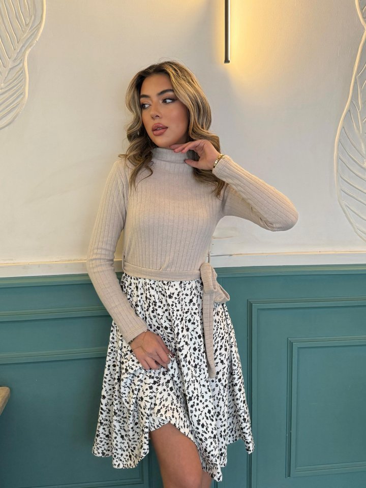 Kadın Uzun Kollu Balıkçı Yaka Belden Bağlamalı üst Kaşkorse Eteği Dalgıç Kısa Elbise - Görsel 3