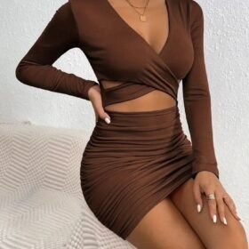 Kadın Uzun Kollu çapraz Dekolte Detaylı Mini Sandy Elbise