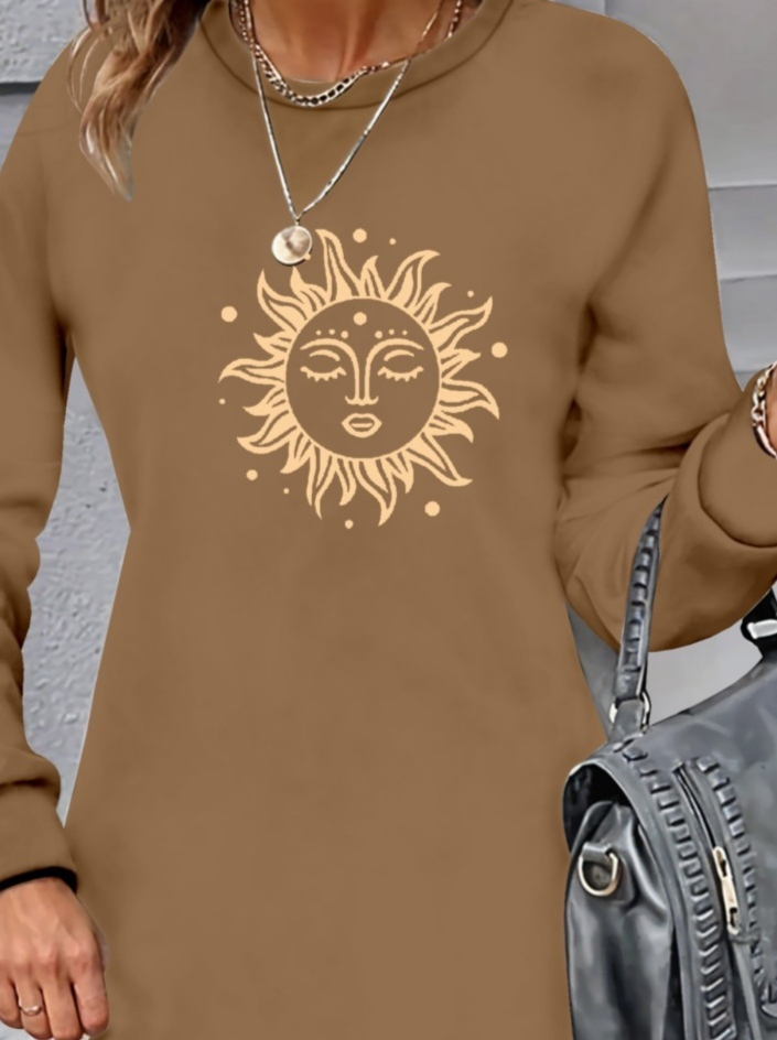 Kadın Uzun Kollu Bisiklet Yaka Güneş Desenli Viskon Iki Iplik Elbise - Görsel 2