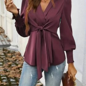 Kadın Uzun Kollu Kruvaze Yakalı önden Bağlamalı Ithal Krep Bluz
