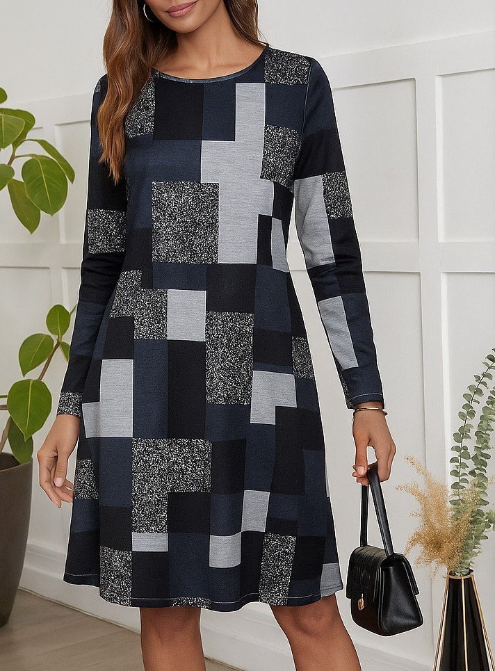 Kadın Uzun Kollu Yuvarlak Yaka Geometrik Süprem Elbise - Görsel 3