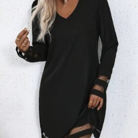 Kadın Uzun Kollu V Yakalı şeritli Tül Detaylı Ithal Krep Elbise