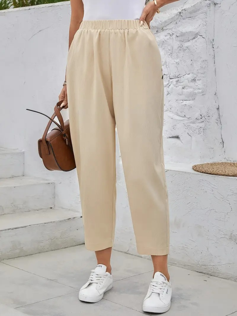 Kadın Yüksek Bel Yandan Cepli Düğme Detaylı Geniş Kesim Ithal Krep Pantolon - Görsel 3