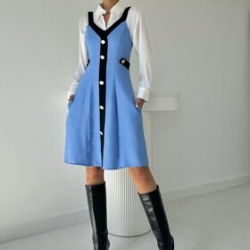 Mavi Siyah Süs Cepli Askılı Elbise