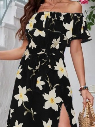 Kadın Kısa Kollu Madonna Yaka Fırfırlı Belden Yırtmaçlı Maksi örme Krep Elbise - Görsel 2