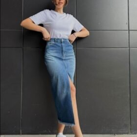 Mavi Yırtmaçlı Kot Etek