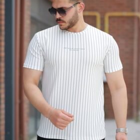 Erkek Dikey çizgili Ottoman Kumaş Kısa Kollu T-shirt