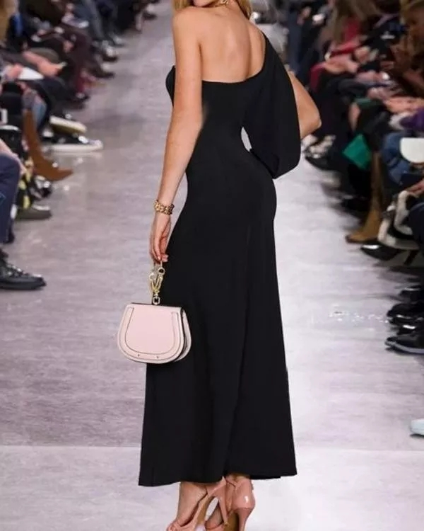 Tek Omuz Açık Derin Yırtmaçlı Krep Tam Boy Elbise - Görsel 2