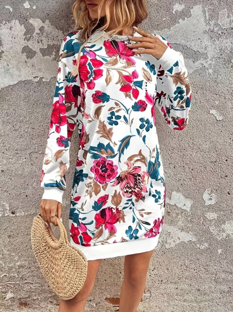 Kadın Uzun Kollu Bisiklet Yaka çiçek Baskılı şardonlu Dalgıç Elbise - Görsel 3