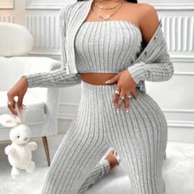 Kadın Uzun Kollu Straplez şardonlu Kaşkorse Bluz önü Düğmeli Ceket Ve Tayt Pantolonlu üçlü Takım