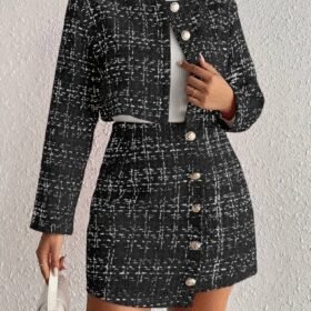 Kadın Uzun Kollu önü Düğmeli şanel Ceket Ve Etek Takım