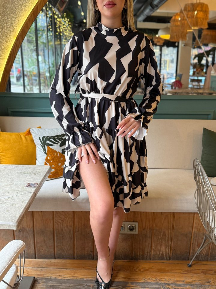 Kadın Uzun Kollu Yarı Balıkçı Yaka Geometrik Desen Kısa şardonlu Dalgıç Elbise - Görsel 4