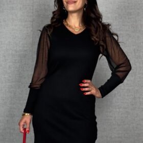 Kadın Uzun Kollu V Yakalı Tül Detaylı Mini Kaşkorse Elbise